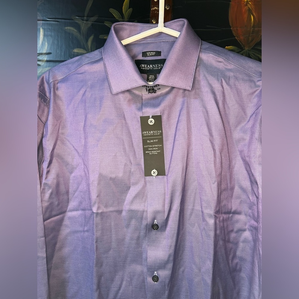 Awearness Kenneth Cole Slim Fit Performance Stretch Dress Shirt, Purple - Picture 2 of 6
